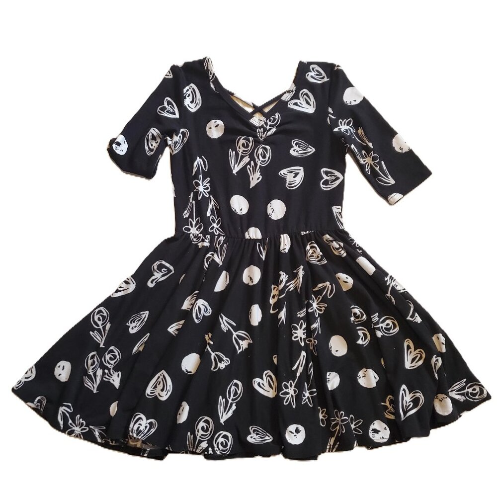 Dot Dot Smile Girls 5/6 Black twirl dress white hearts flowers LN Stretchy